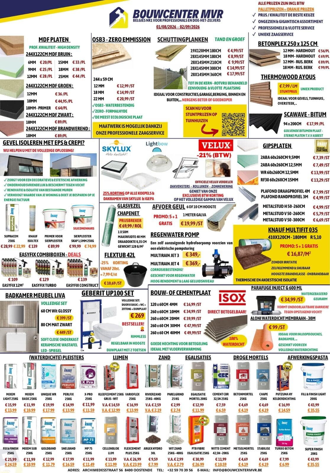 Promofolder augustus 2026 Bouwcenter MVR Oostende met acties op hout, glaswol, Velux, sanitair en mortels