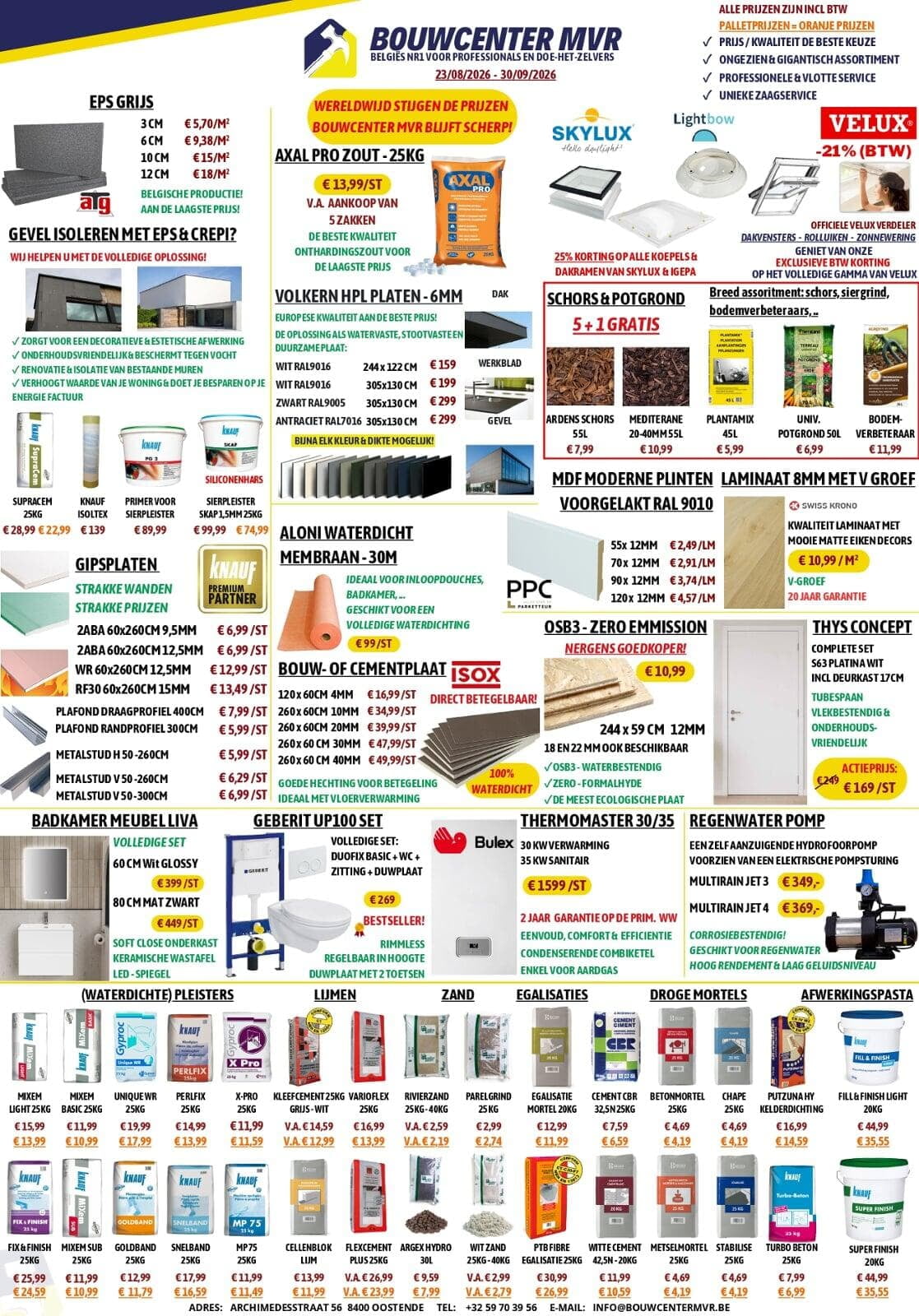 Promofolder september 2026 Bouwcenter MVR Oostende met acties op Velux, Skylux, gipsplaten, mortels, sanitair en isolatie