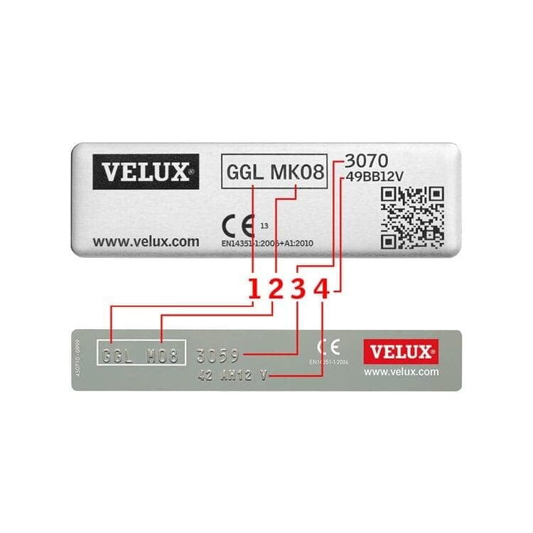 VELUX typeplaatje met uitleg: 1 type GGL, 2 maatcode MK08, 3 ruitcode 3070, 4 productiecode