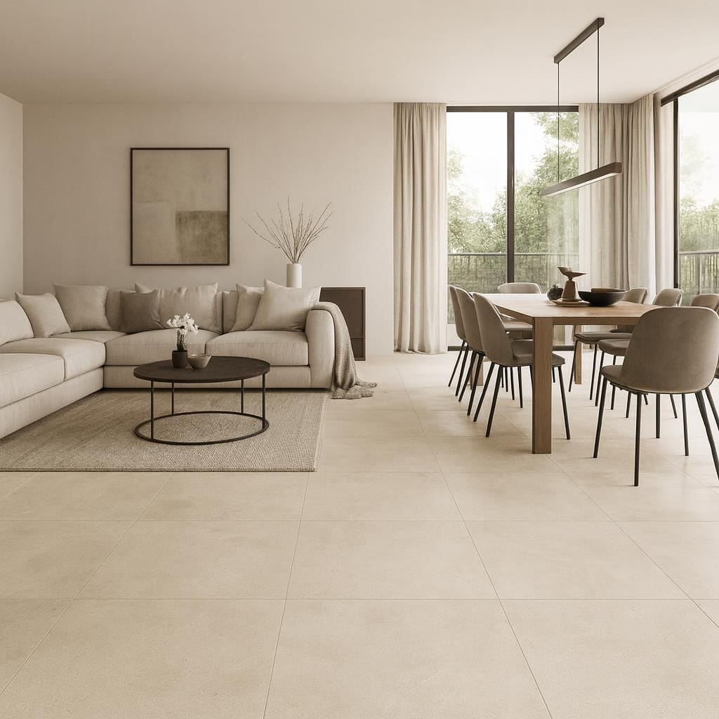 Beige vloertegels 60x60 in een lichte woonkamer – tegels Bouwcenter MVR Oostende